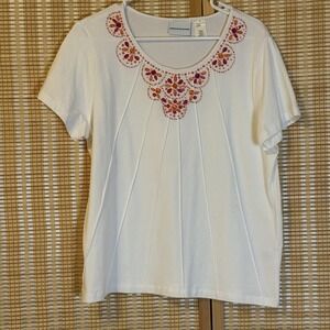 Alfred Dunner Womens M Top Jeweled White Pin Tuck Boho Fairycore Grannycore